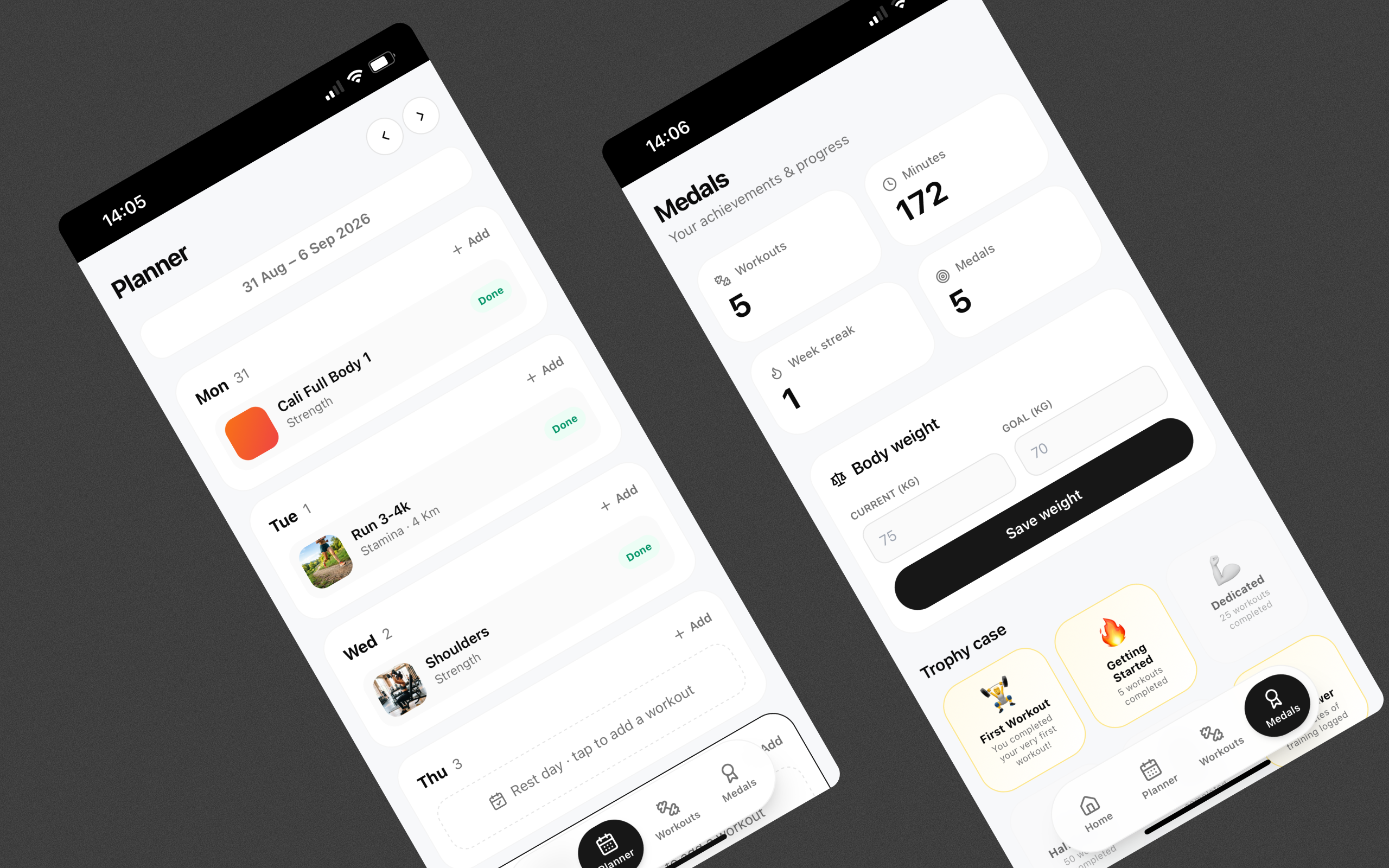 FitBubs — progress tracking: weights and sessions logged over time