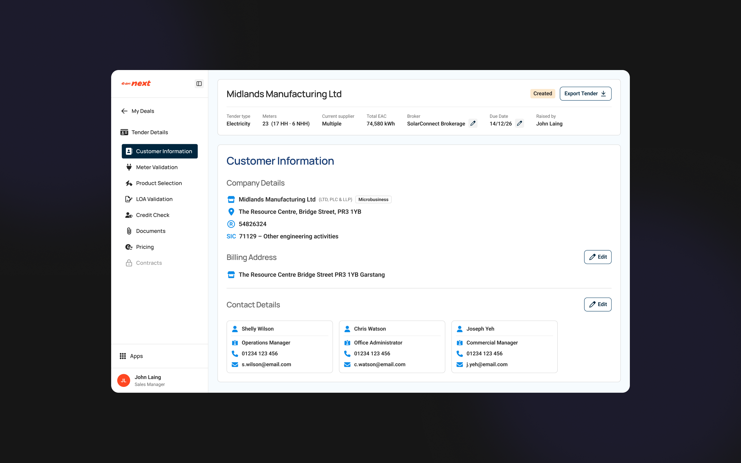 POWWR — the tender details page, page one: every field a retail energy deal needs gathered onto a single screen
