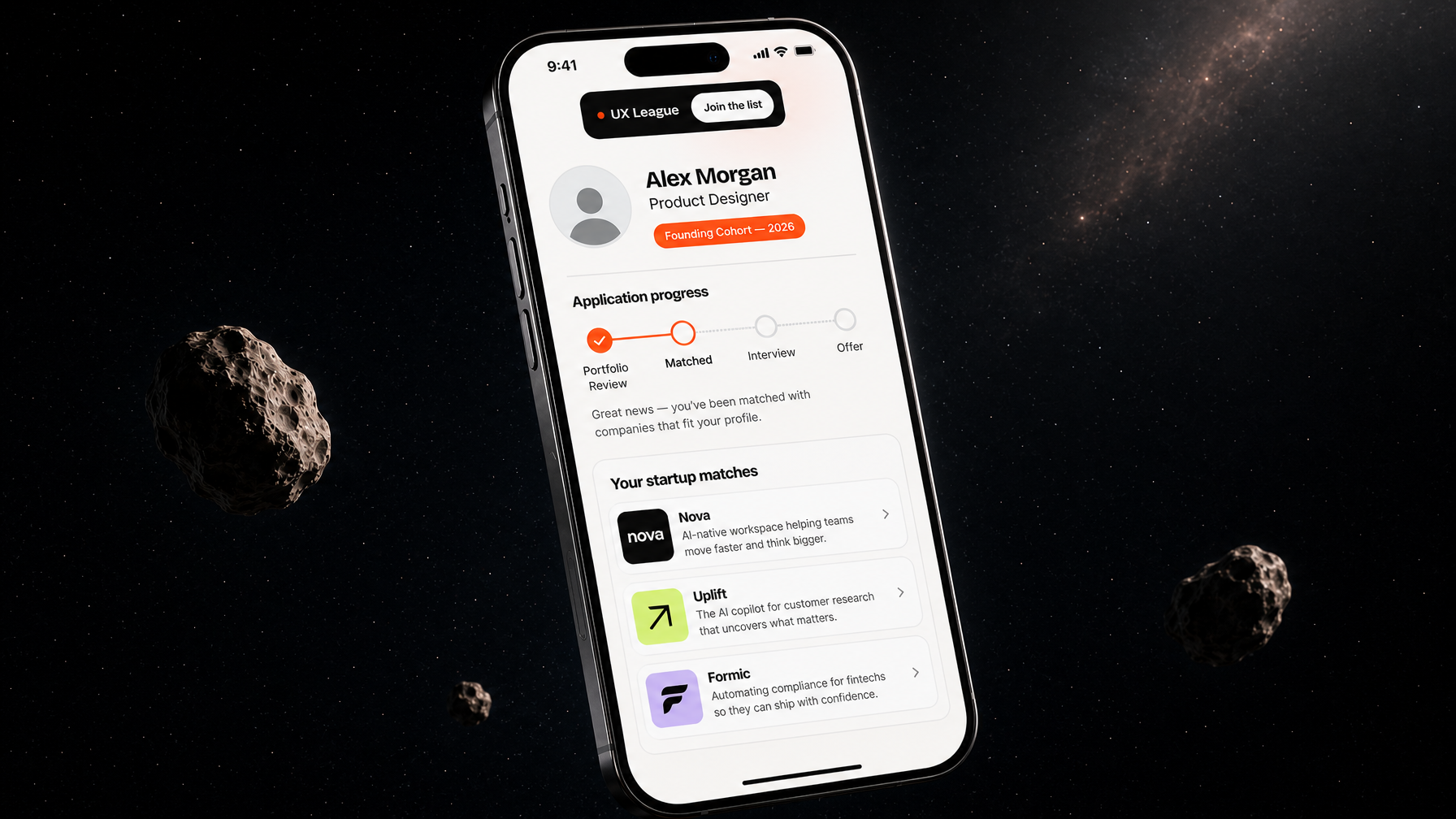 uxleague.ai — a designer's profile built from completed challenges rather than uploaded case-study images